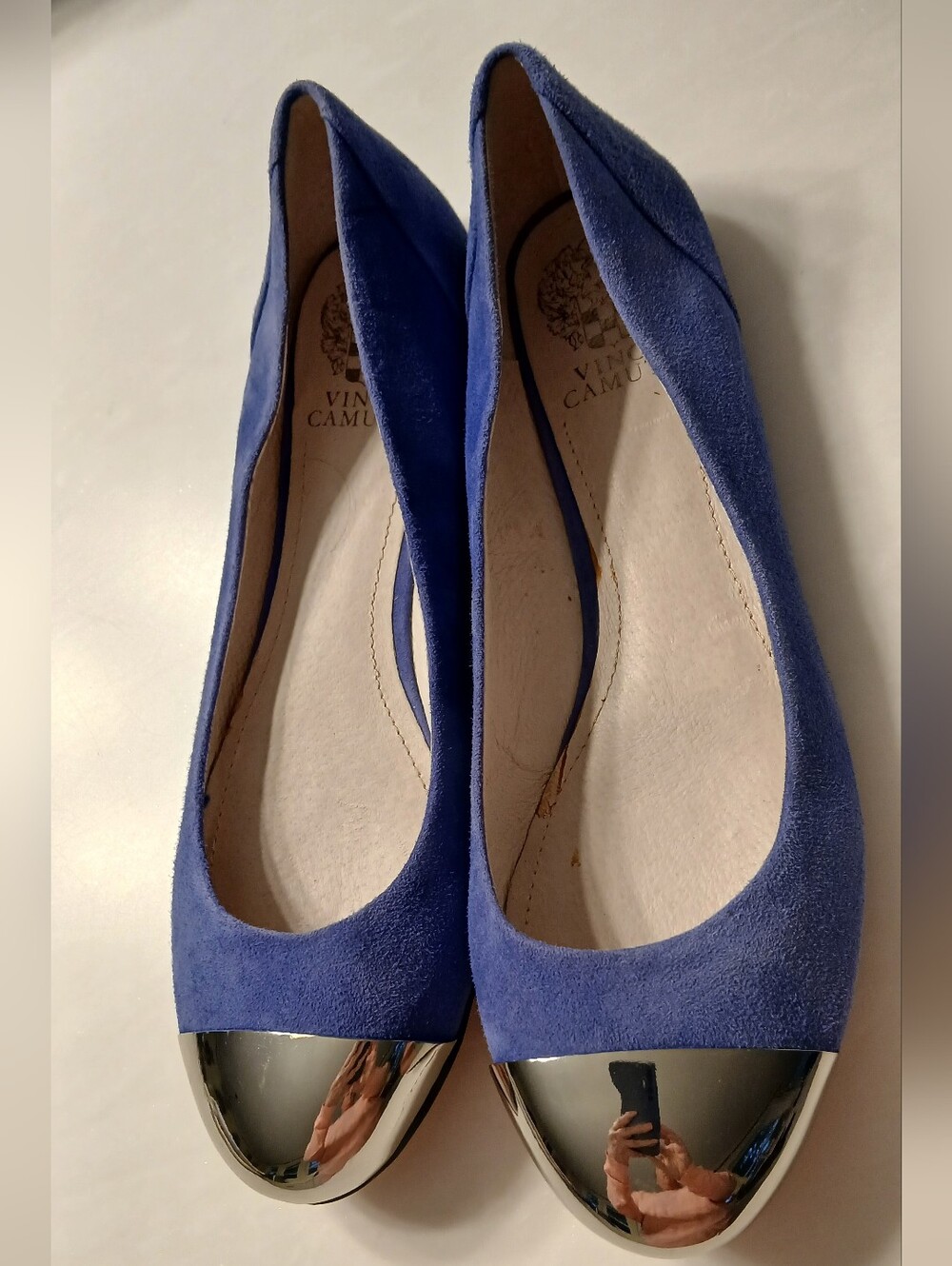 Vince Camuto Olita2 Blue Suede Flats – Size 9M – Mirrored Cap Toe